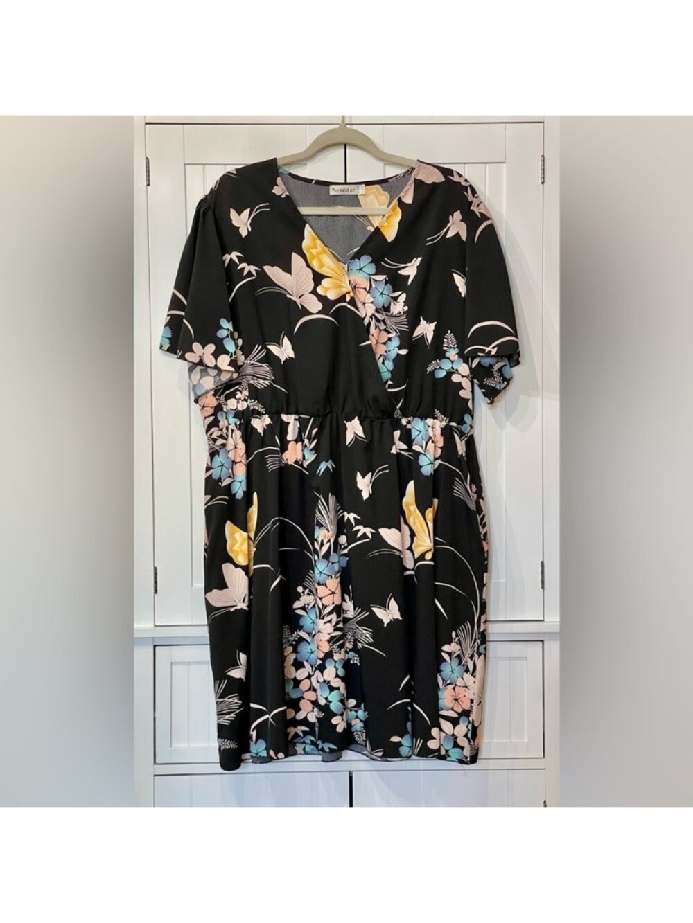 Nemidor Floral V-Neck Midi Dress in Black with Pastel Blooms